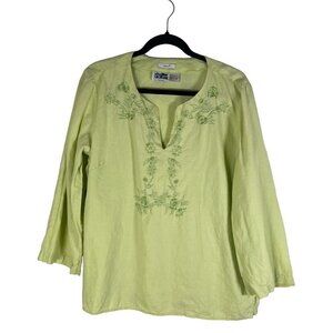 Edward Women Size L Tunic Irish Linen Embroidery & Bugle Bead Neckline Sea Green